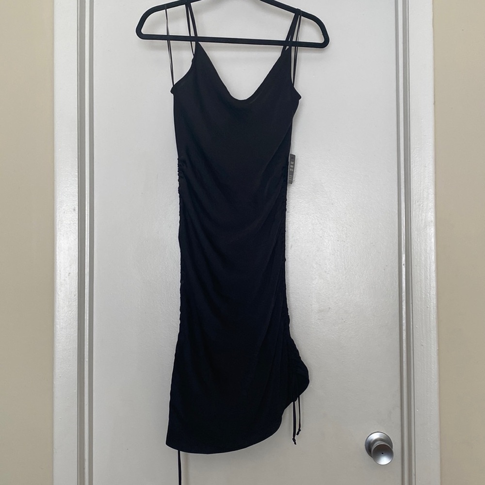 Black cowl neck touched side tie mini dress